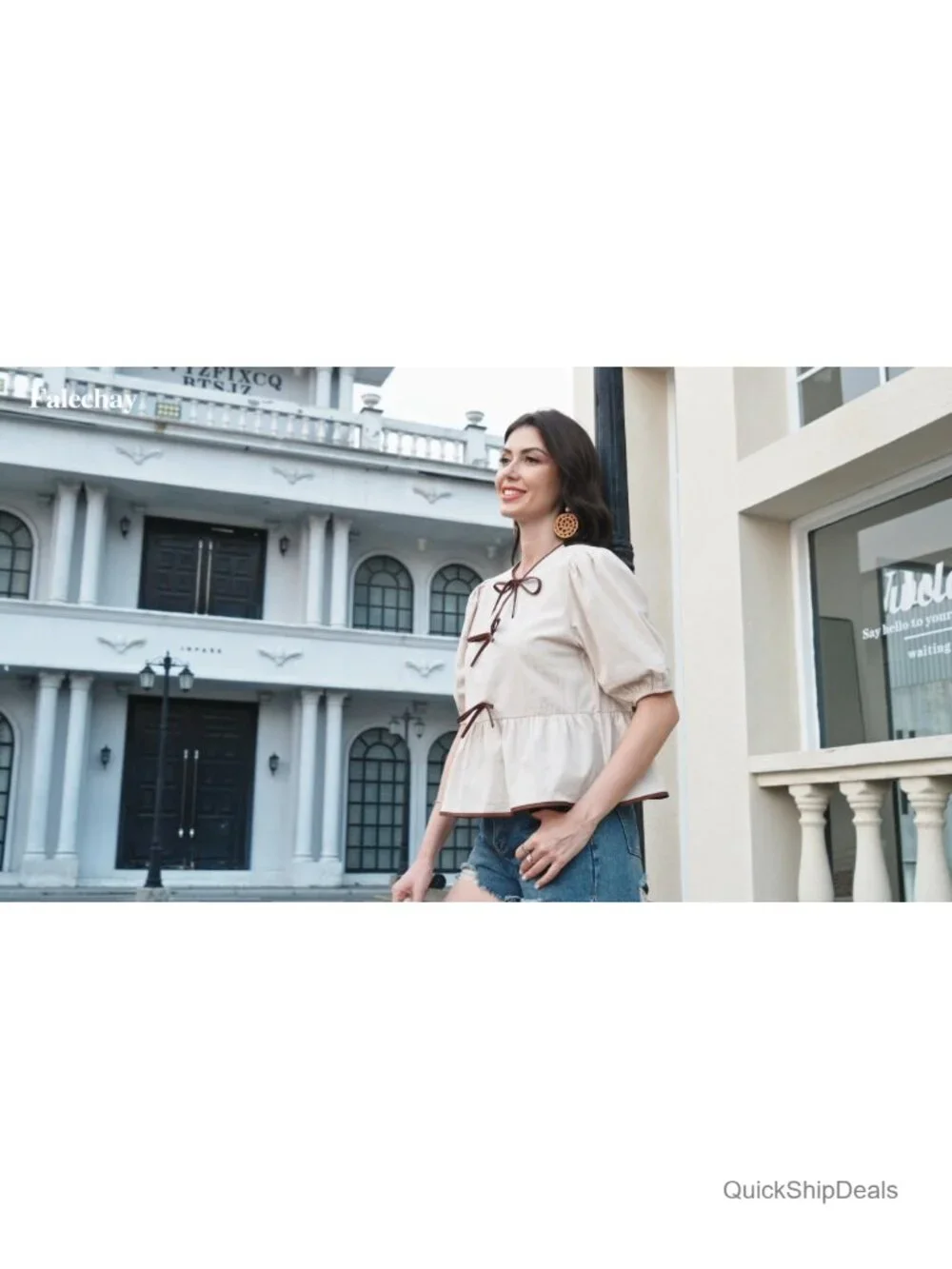 Bowknot Puff Short Sleeve Peplum Blouse Dressy Casual Flowy Top